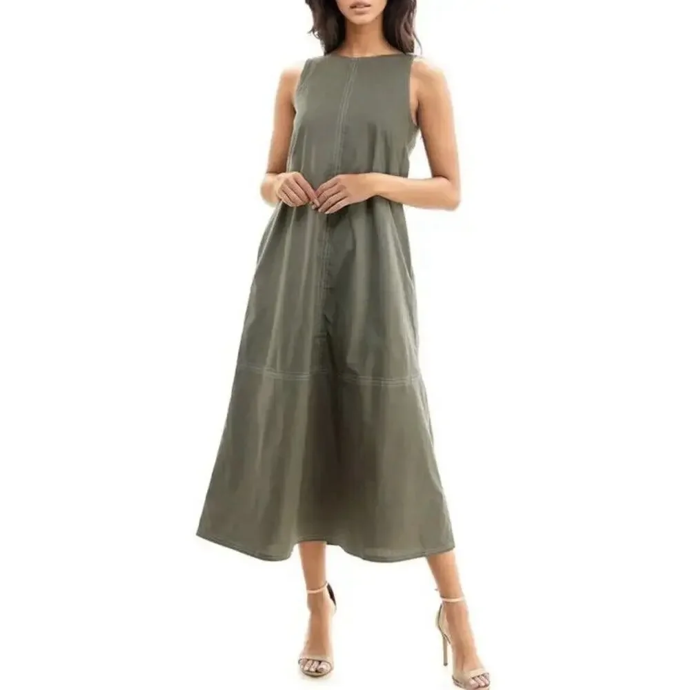 SOCIALITE Seamed Stretch Cotton Midi Dress - Olive/Ivory - Picture 3 of 6